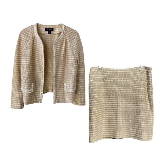 St. John Jackets & Blazers - St John Tan Cream Gold Metallic Threads Designer Size 10 Jacket and Skirt Suit